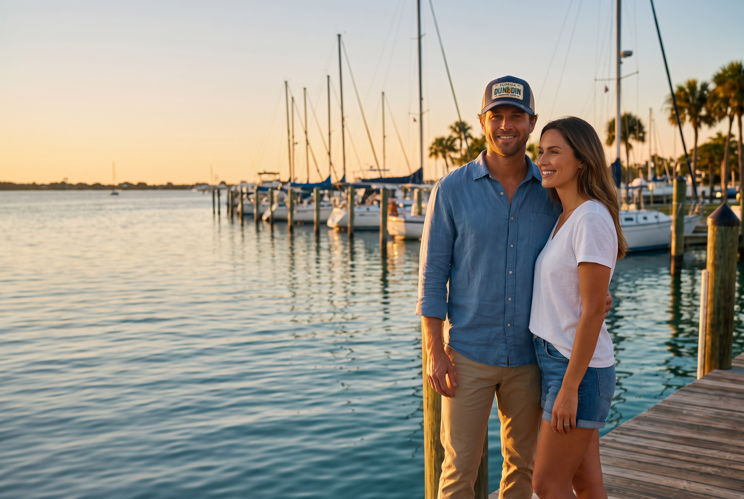 Couple at the Dunedin marina at sunset, the man wearing a navy Dunedin Florida patch trucker hat