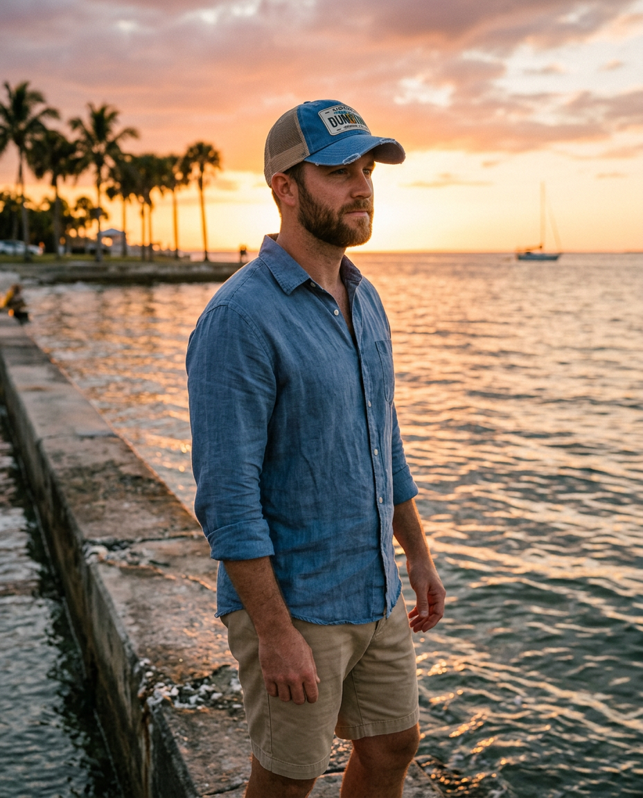 Person in Golden Hour Waterfront wearing the Saltwater Denim Dunedin Florida patch hat
